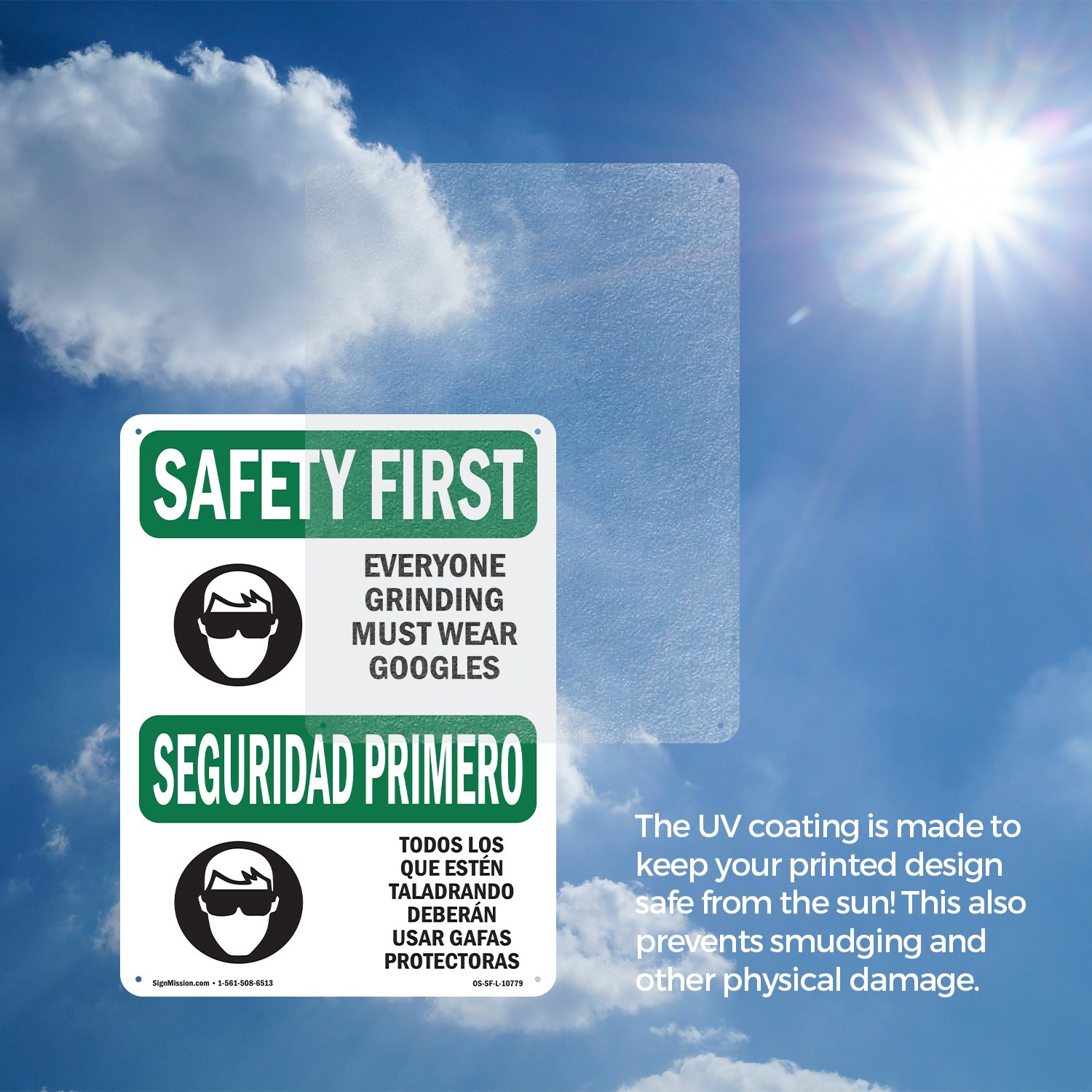 Everyone Grinding Bilingual OSHA SAFETY FIRST Sign Metal, Decal – 5 or 10 Pack