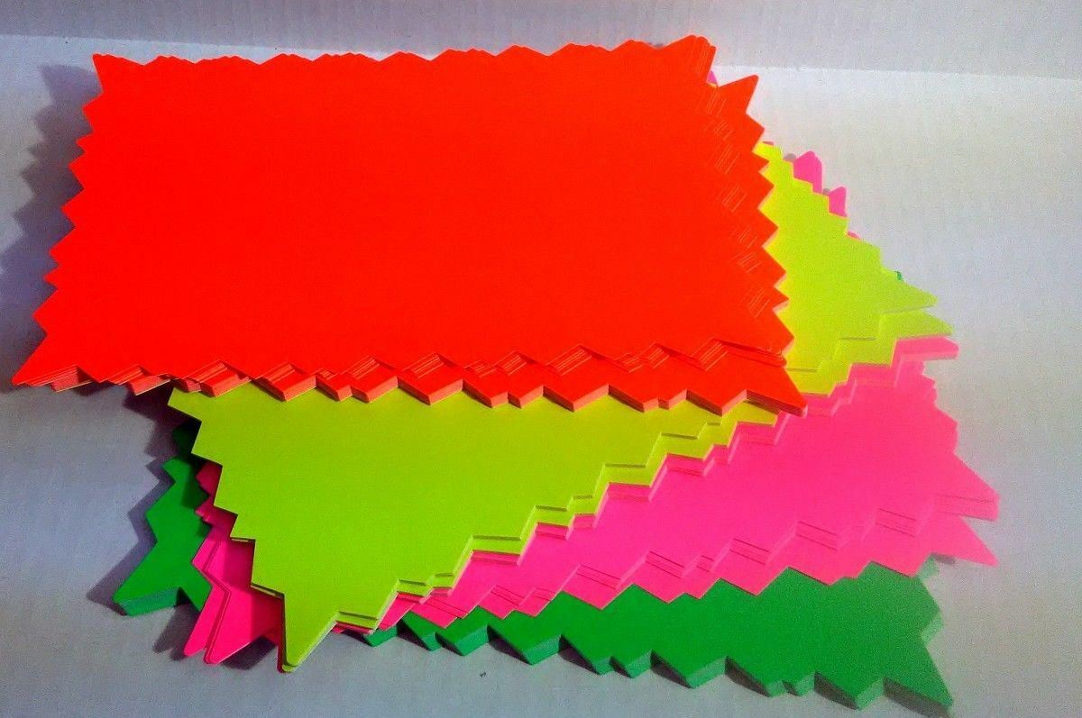 100 Large Blank Ultra Glo Neon Fluorescent Retail Sale Signs 25 each Color 11×7