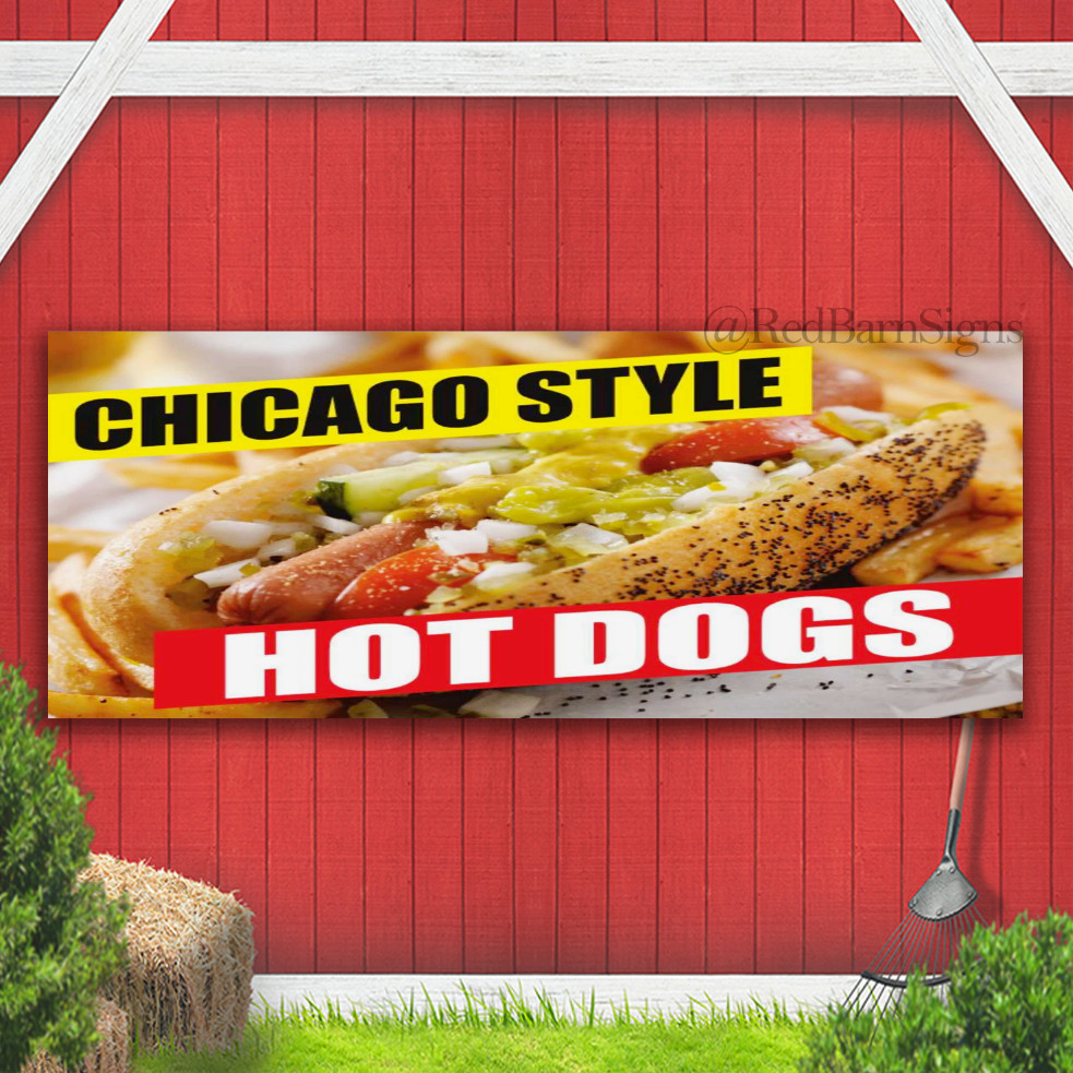 CHICAGO STYLE HOT DOGS Banner Sign with Grommets Meat Buffet