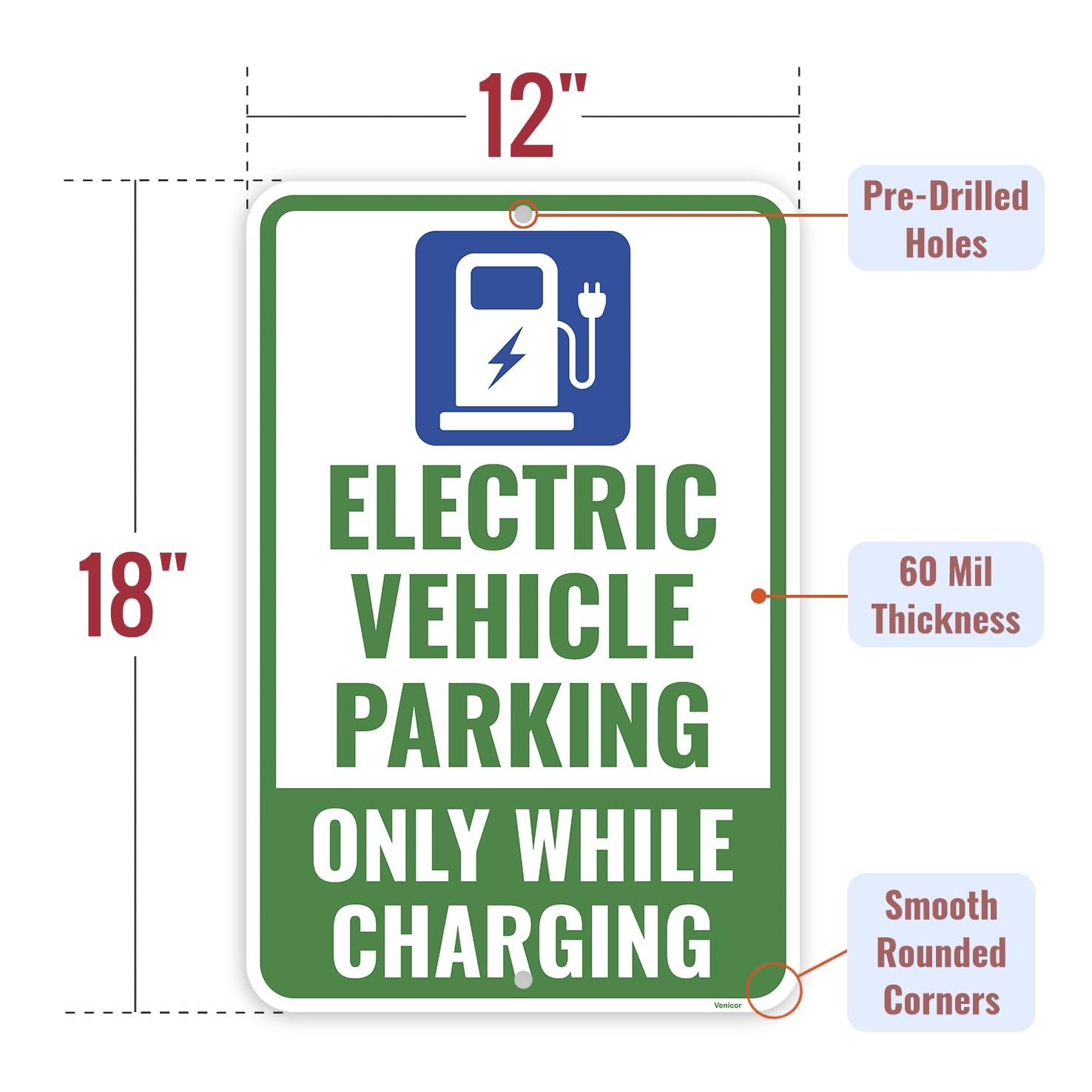 1PC Electric Vehicle Parking Sign, 18 x 12 Inches – Aluminum – EV Car Chargin…