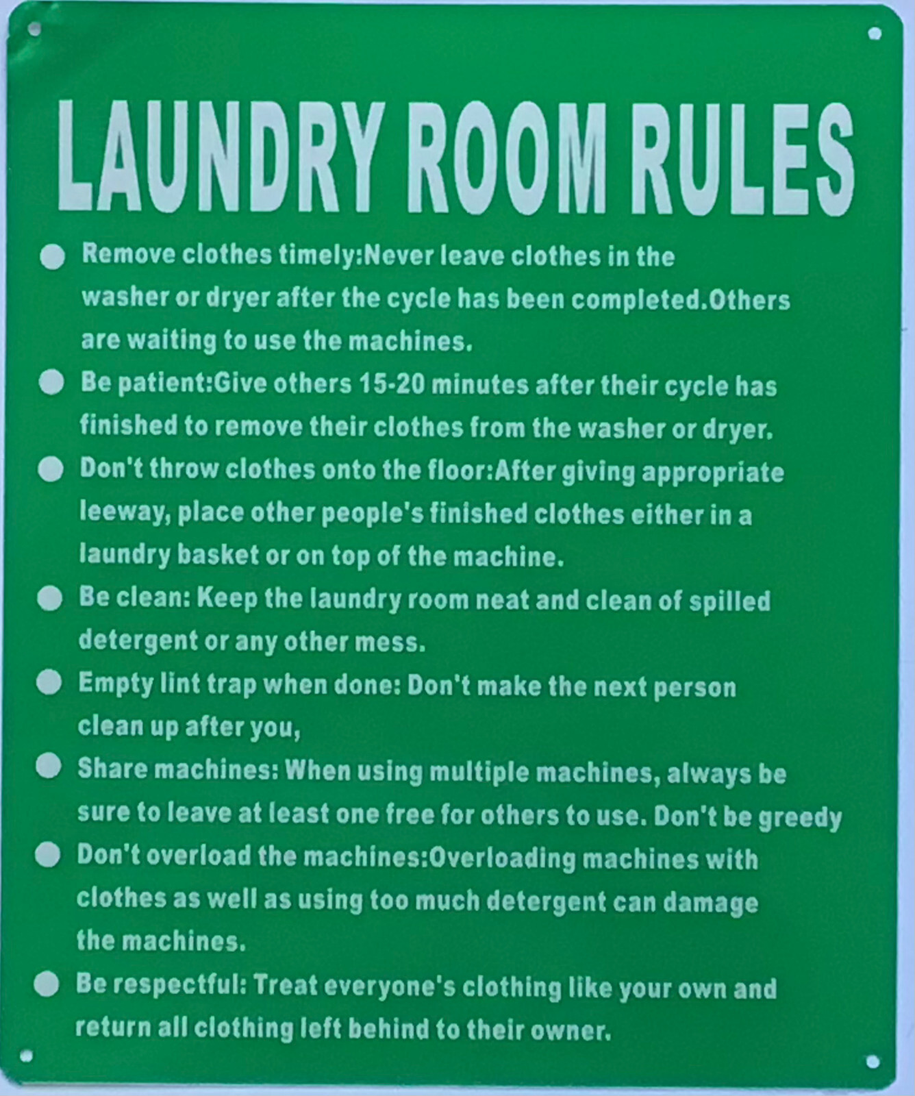 LAUNDRY ROOM RULES SIGN (10X12, Green, Aluminum)