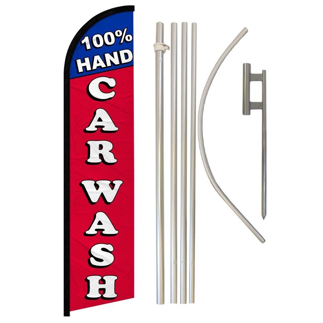 100% Hand Car Wash Windless Advertising Flag & Pole Kit