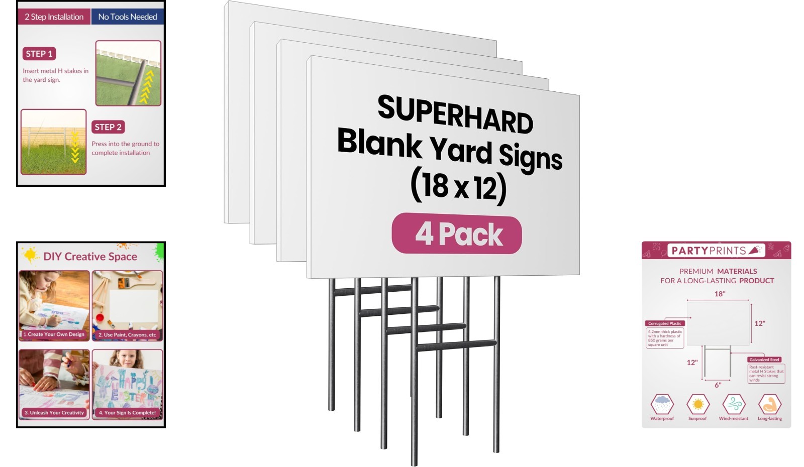 PartyPrints 4 Pack 18 x 12 White Blank Yard Signs with Metal Stakes, Waterproof