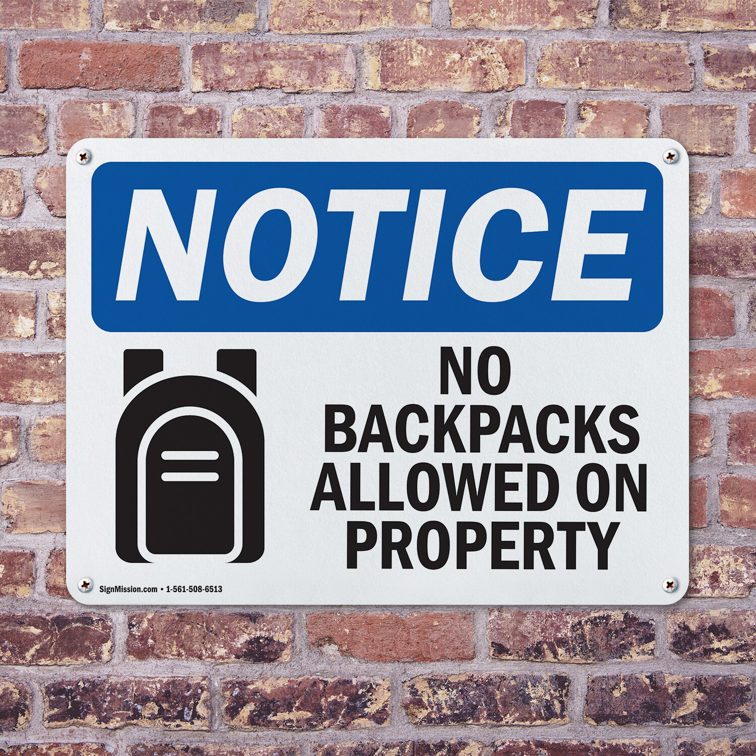 (2 Pack) No Backpacks Allowed On Property OSHA Notice Sign Decal Metal Plastic