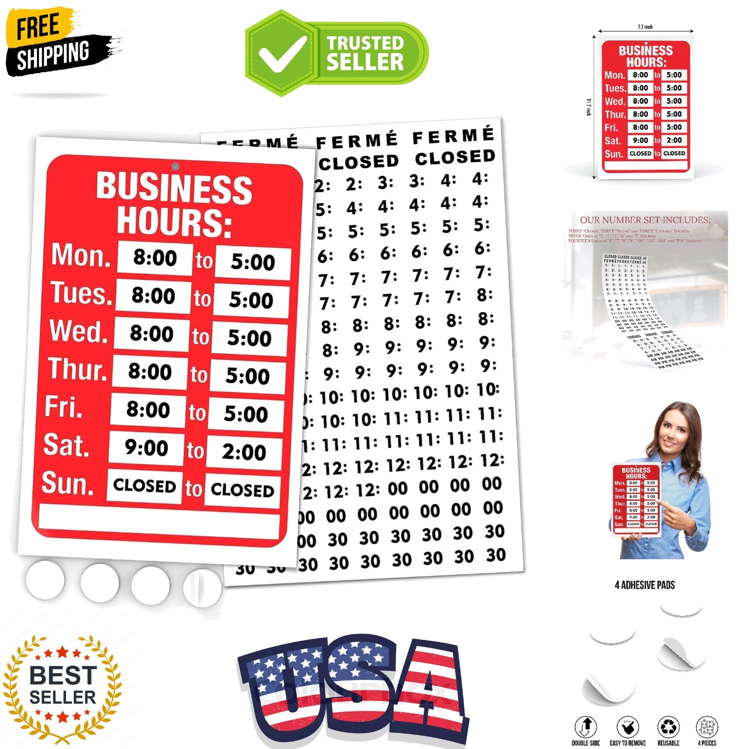 Open Signs, Business Hours Sign Kit for Glass Door or Window – Bright Red and…