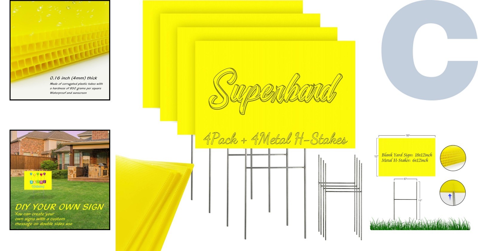 Bright Yellow Blank Yard Signs 4-Pack, Waterproof with H-Stakes for Easy Setup