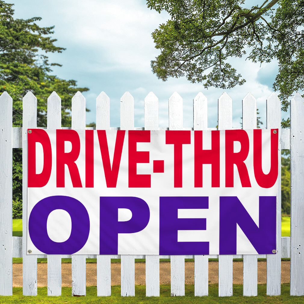 Vinyl Banner Multiple Sizes Drive-Thru Open Red Blue Business Now Open Outdoor