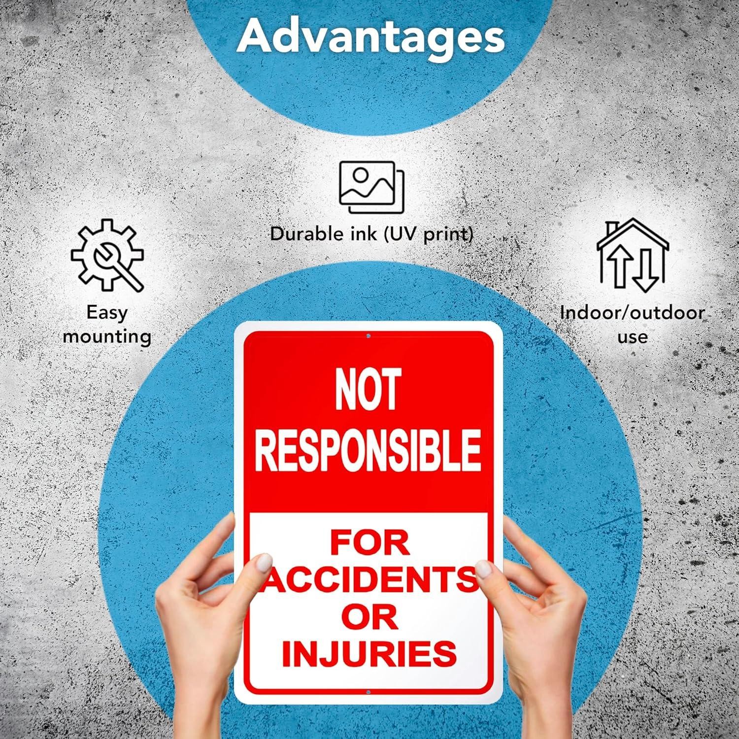 2-pack Property Warning Sign: Not Responsible for Accidents or Injuries, 10&Prime; X 7