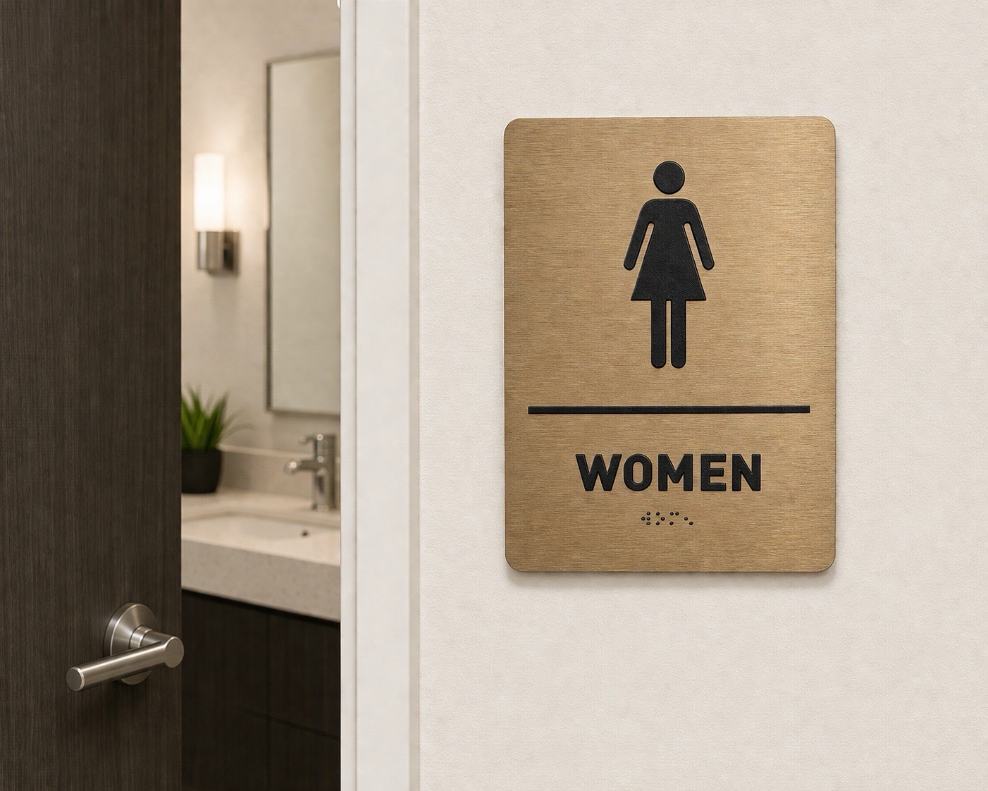 Women’s Restroom Sign 8×6 Brushed Bronze Aluminum ADA Braille Door Wall Mount