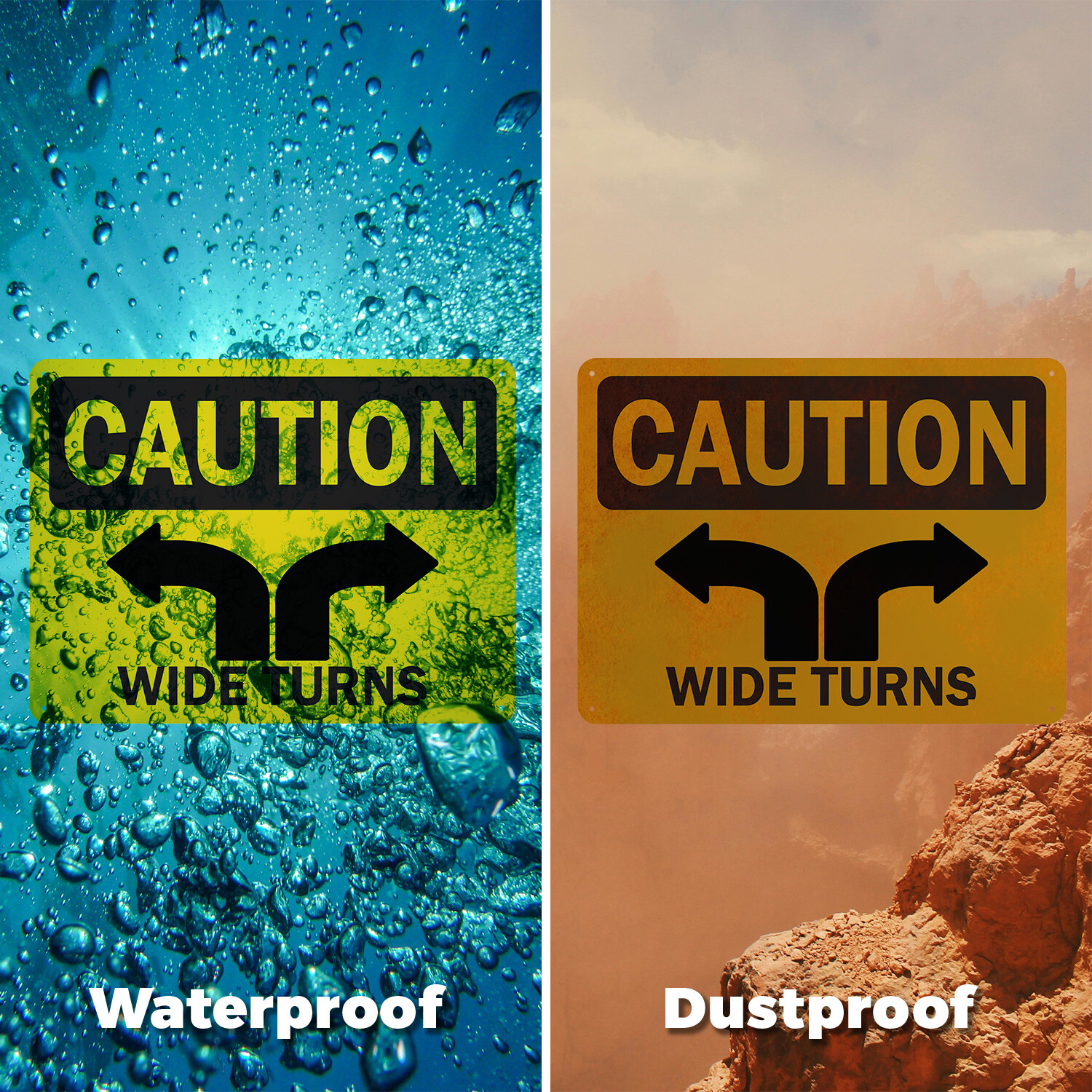 (2 Pack) Wide Turns OSHA Caution Sign Decal Metal Plastic