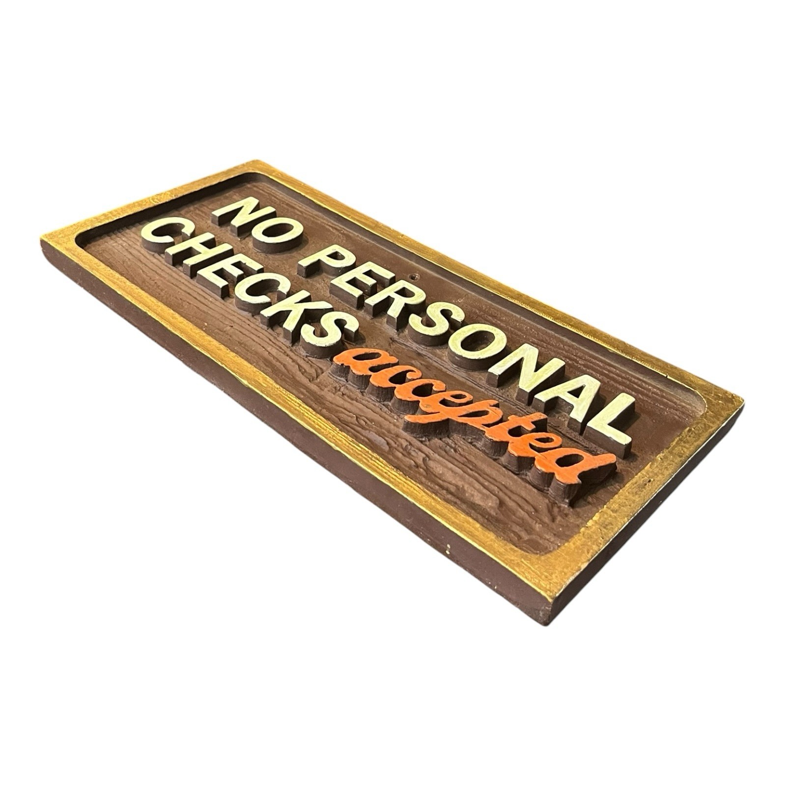 Vtg No Personal Checks Accepted Wood Natural Woodgrain Sign Store Office Signage