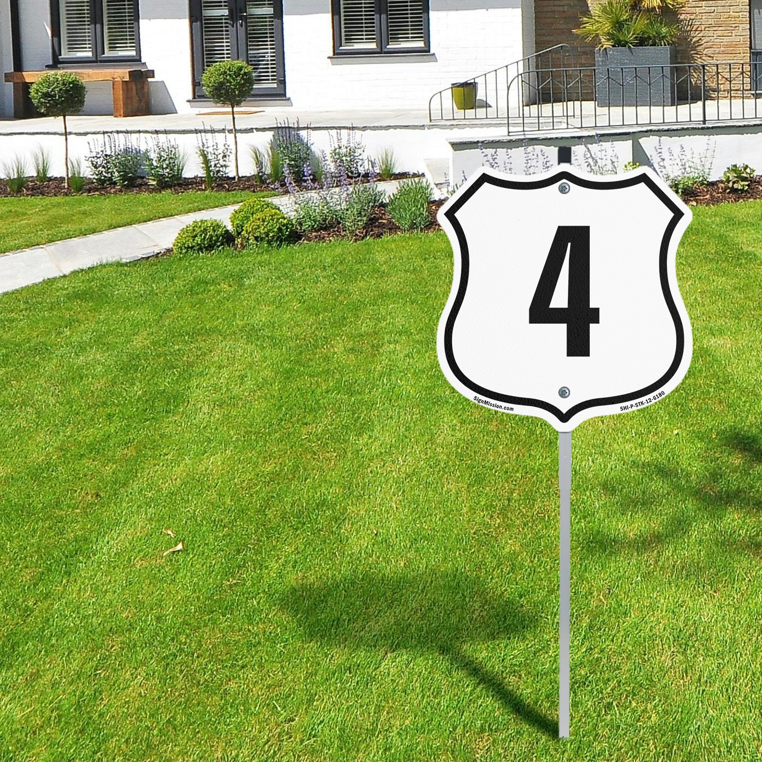 Number 4 Shield Shaped Sign With Stake Weather Resistant