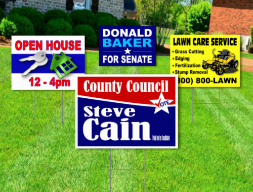 50 Custom Yard Signs 18×24 Full Color Double Sided 30 inch Stakes Included
