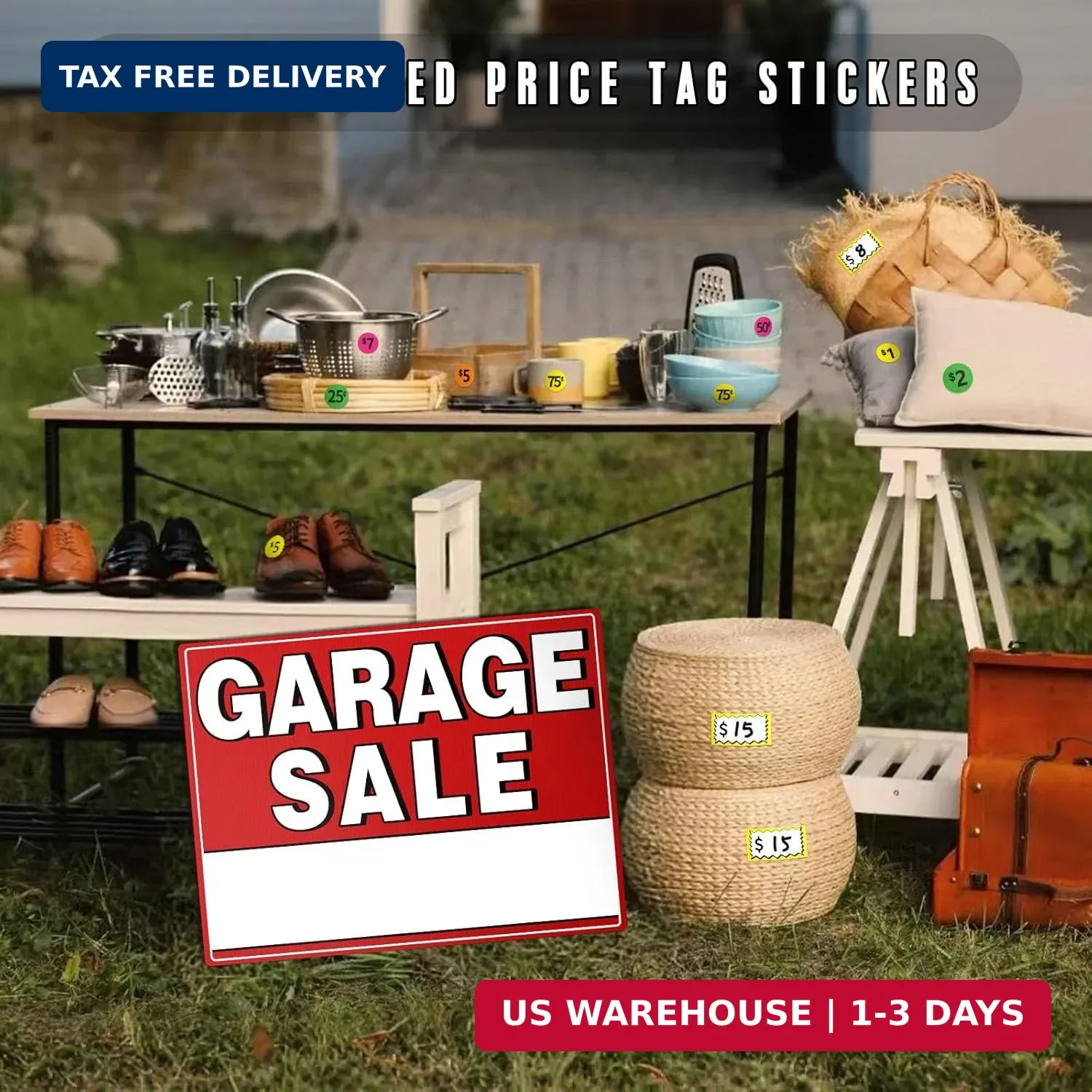 Garage Sale Kit (10 Pcs), 5 Pack Garage Sale Signs with Metal Stakes, 5 Pack Yar