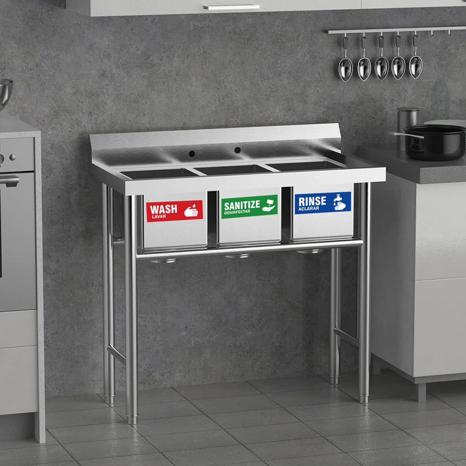12 Pack Sink Labels Wash Rinse Sanitize Stickers Waterproof Kitchen Signs Set