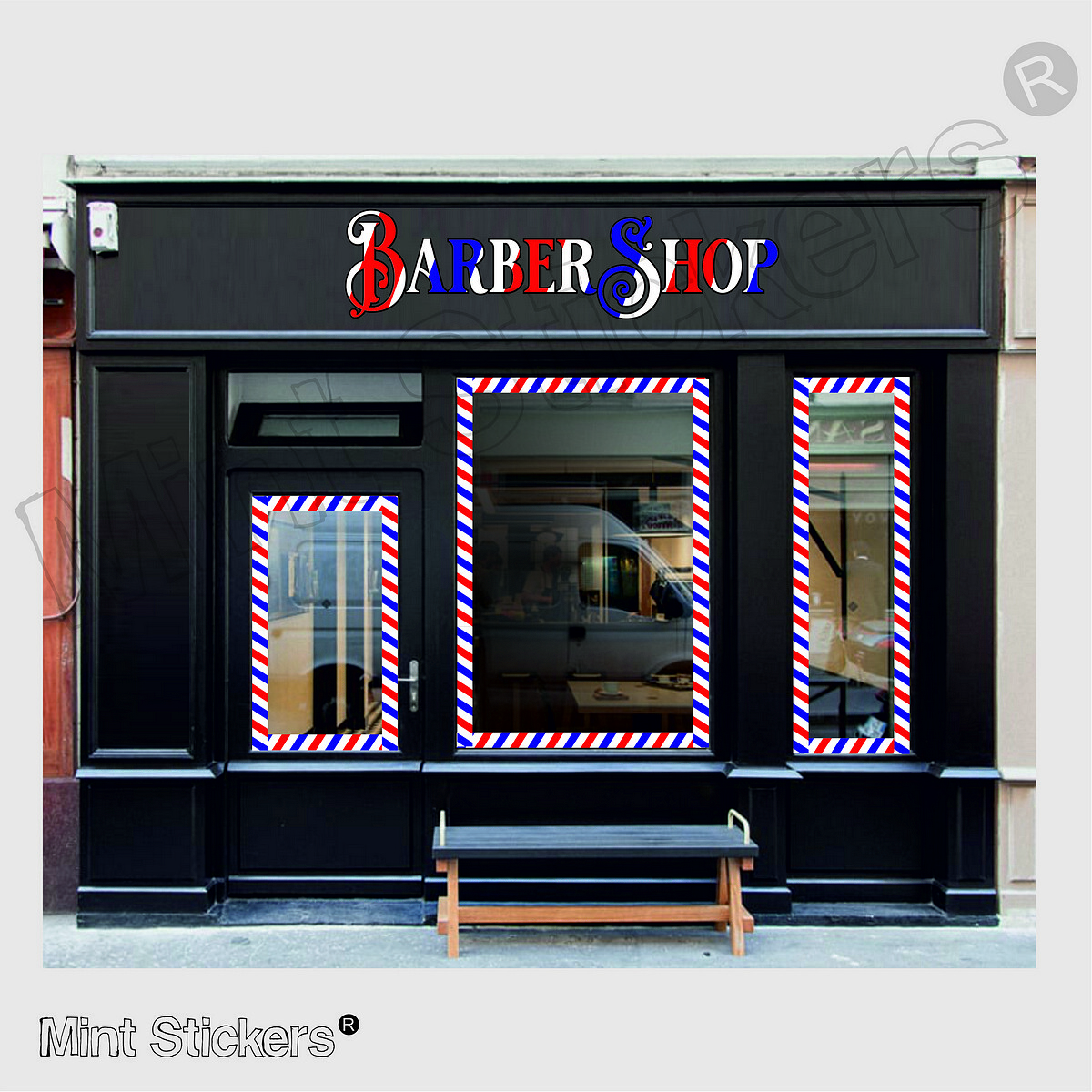 Barber Shop Window Striped Border Frame Stripes Blue Red White Sign Decal Custom