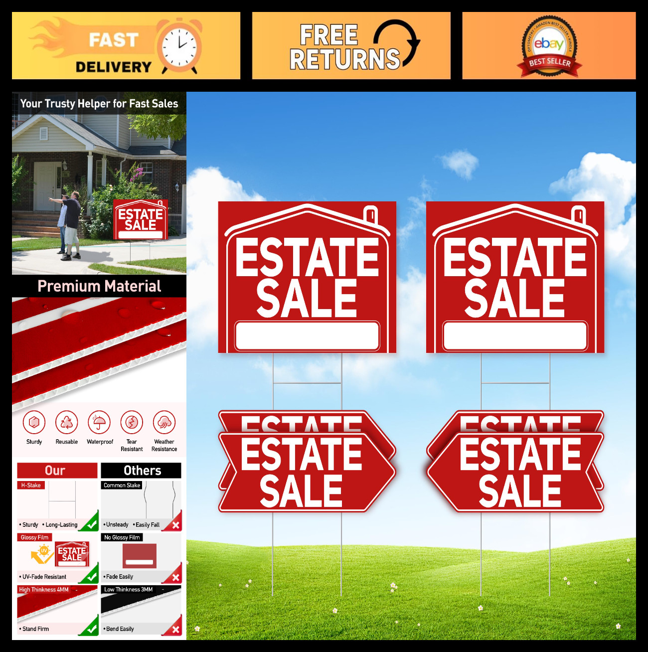 6 Pcs Estate Sale Sign Kit – 2 Large 17&Prime;x12&Prime; & 4 Arrow Yard Signs with Stakes, W