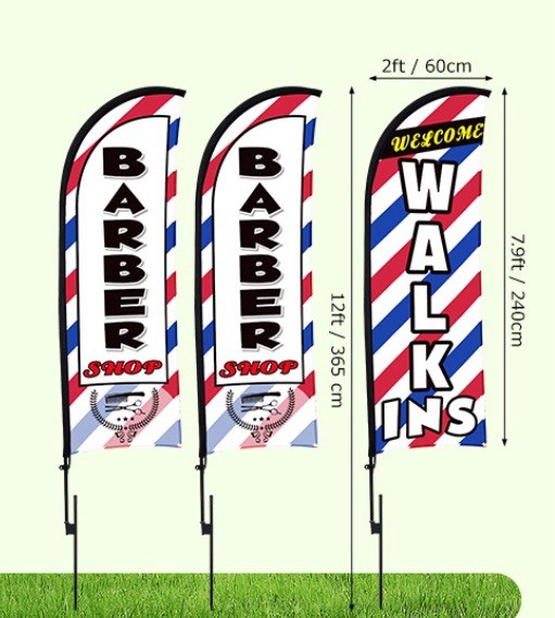 3 Set Barber Flag Walk Ins Welcome Barbershop Swooper Flag Poles, 12 FT x 2 FT
