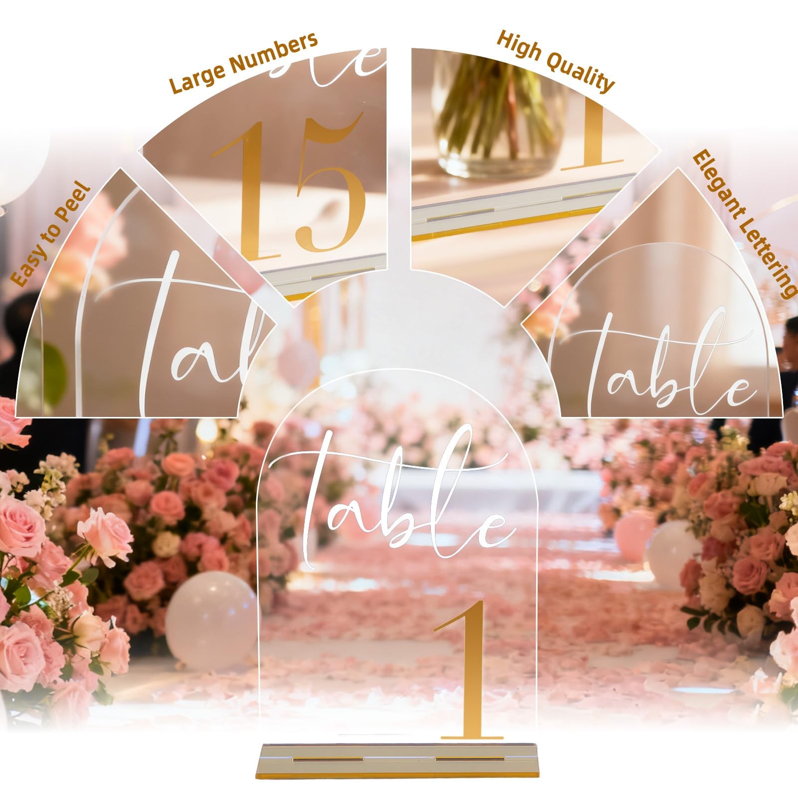 5×7 Inch Clear Arch Acrylic Wedding Table Numbers 120 Gold Font & Stands