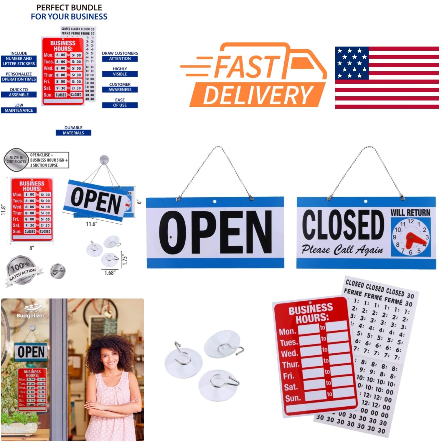 Bright Open Closed Signs for Business 4 Piece Set with Customization Options