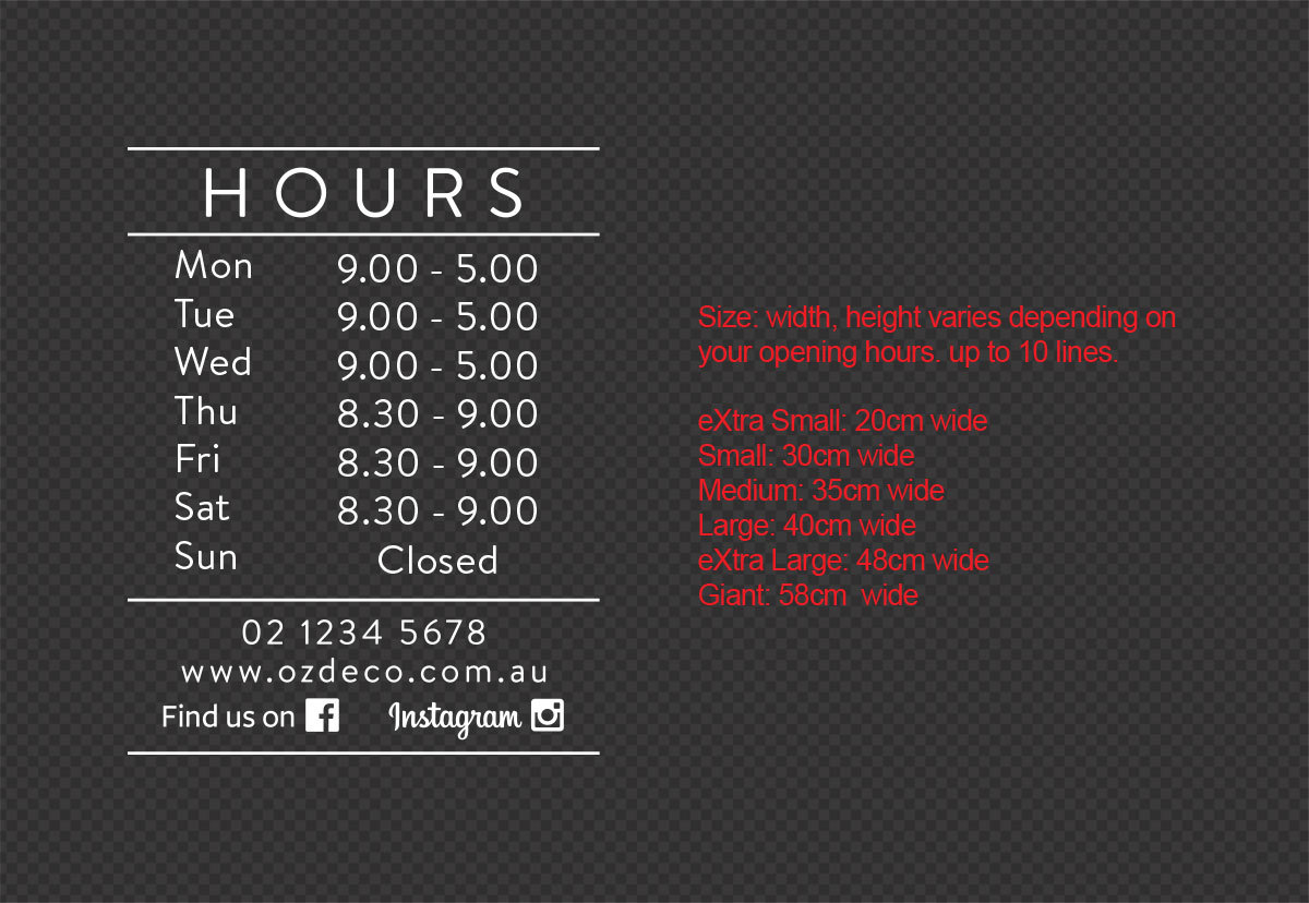 Custom Opening Hours Window Sign Wall Decal Sticker Facebook Instagram storypark