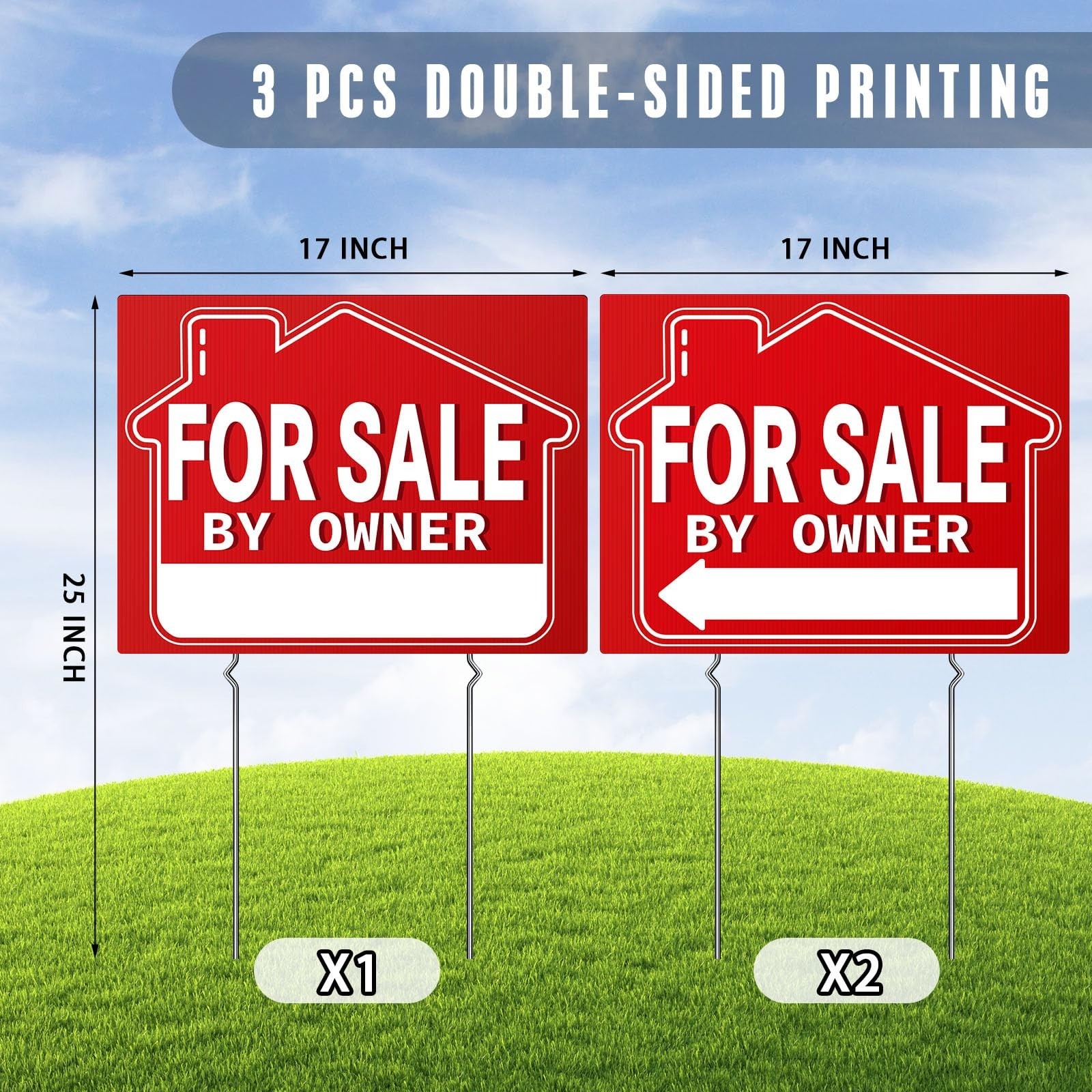 For Sale By Owner Yard Signs (3 Pack) – 18&Prime; X 14&Prime; Double-Sided with H Stakes