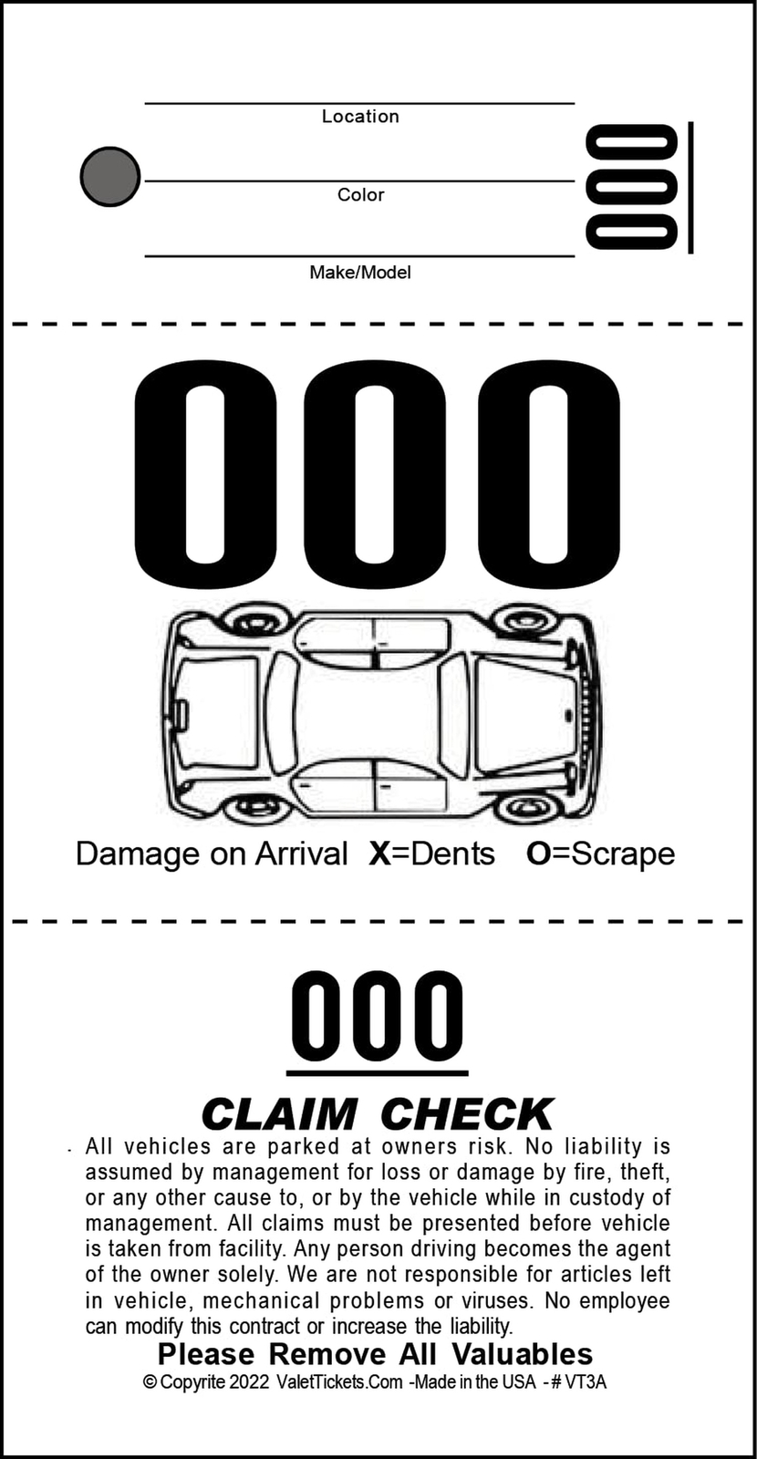 3 Part Valet Parking Tickets (1000 Tickets) on 110lb Card Stock with Car Diag…