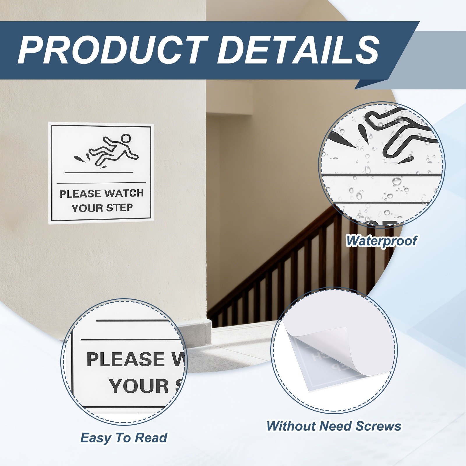 4&Prime; x 4&Prime; Please Watch Your Step Sign, 1 Pcs Warning Sign White with Black Text