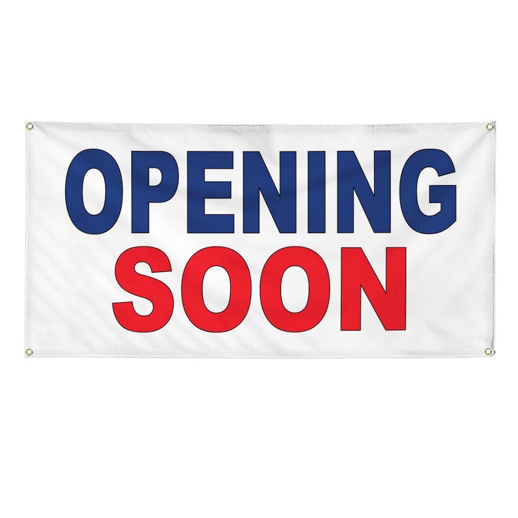 Vinyl Banner 24×36 Inches Opening Soon Blue Red Outdoor Weatherproof – Perfect