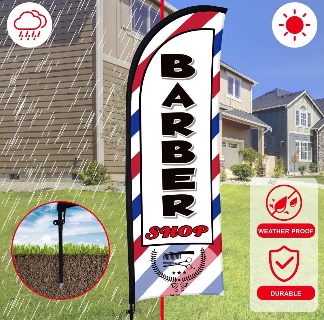 3 Set Barber Flag Walk Ins Welcome Barbershop Swooper Flag Poles, 12 FT x 2 FT
