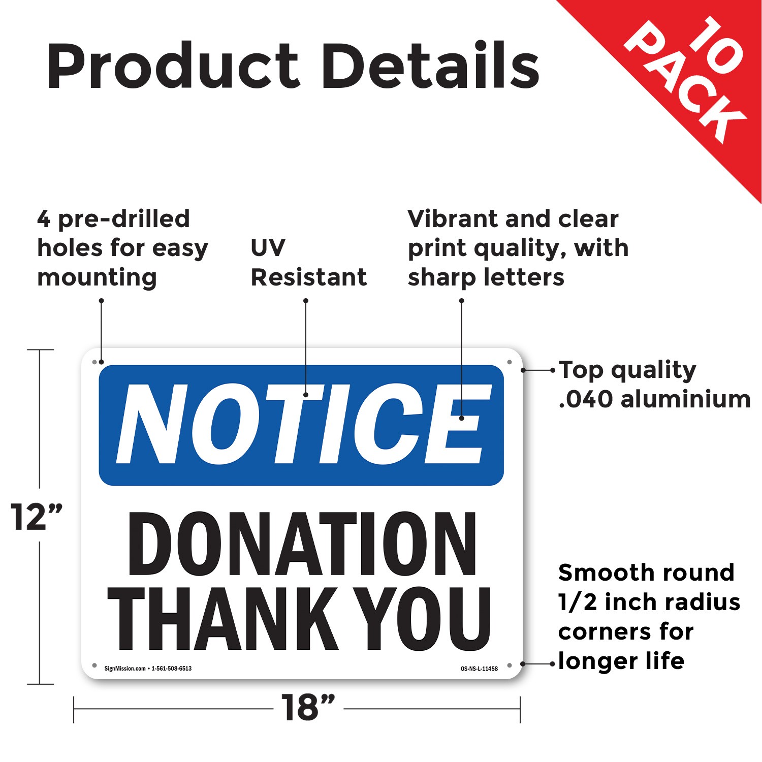 Donation Thank You OSHA Notice Sign Metal, Plastic, Or Decal – 5 or 10 Pack