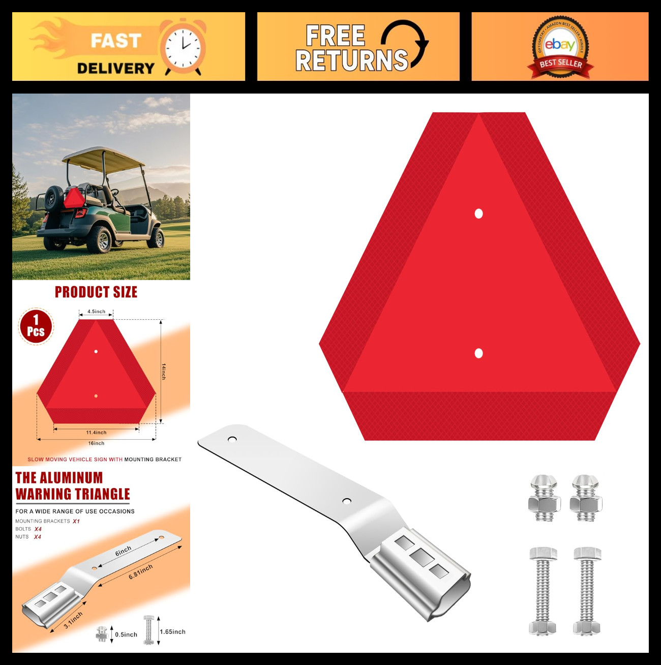 14&Prime;x16&Prime; Slow Moving Vehicle Signs Set with Mounting Bracket – Aluminum Triangle