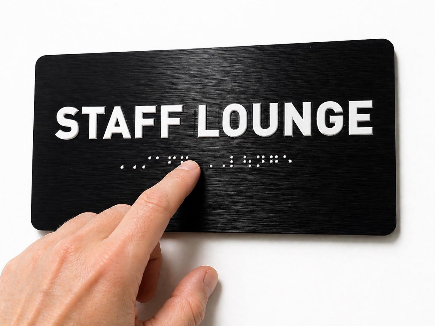 ADA Staff Lounge Sign 7×4 Braille Tactile Door Sign Black Brushed Aluminum