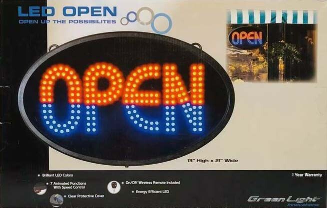 Green Light Innovations Classic LED OPEN Sign w/ Remote, 7 Functions (GLI1040)