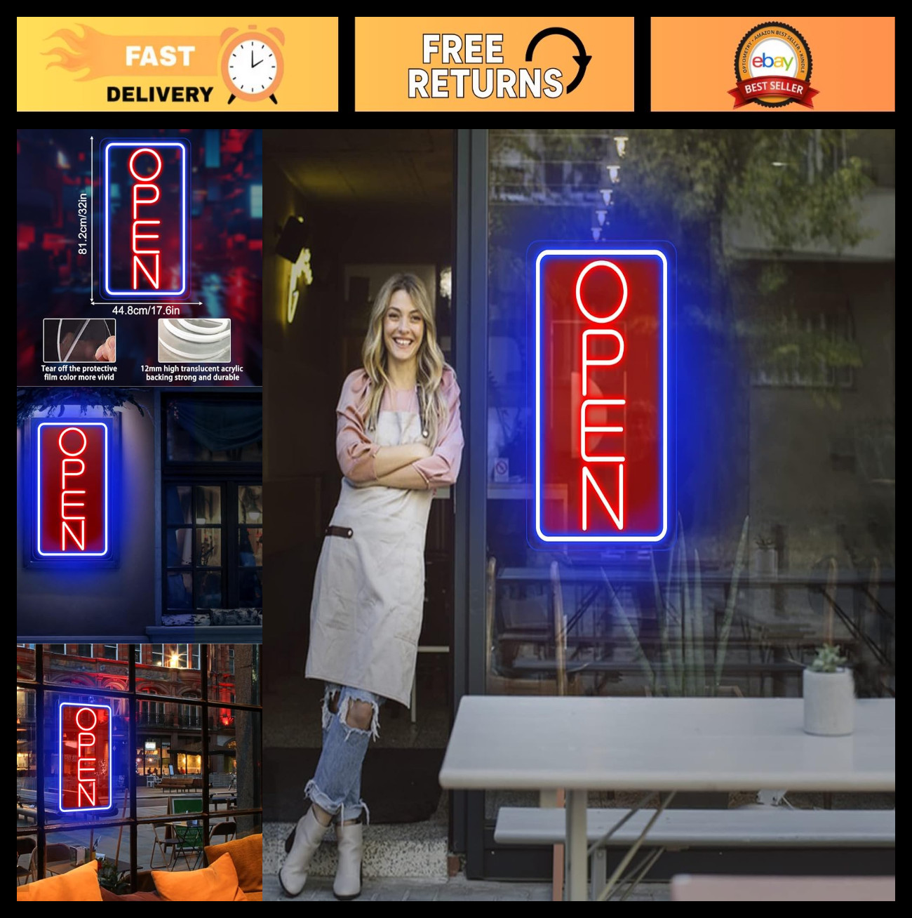 Ultra Bright LED Neon Open Sign for Storefront, Window, Door – 32&Prime; Vertical, ON/