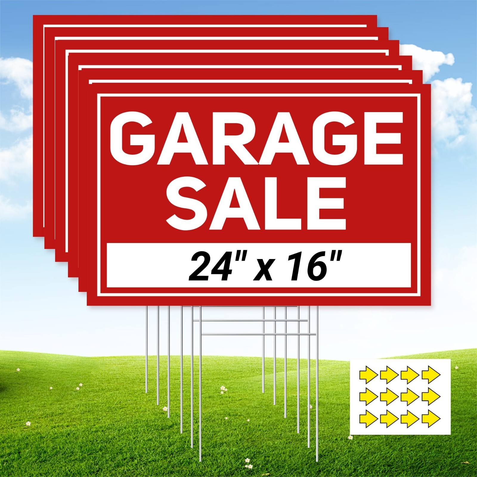 Extra-Large Garage Sale Signs 24&Prime;x16&Prime; – 6 Pcs Waterproof Double-Sided with Stake