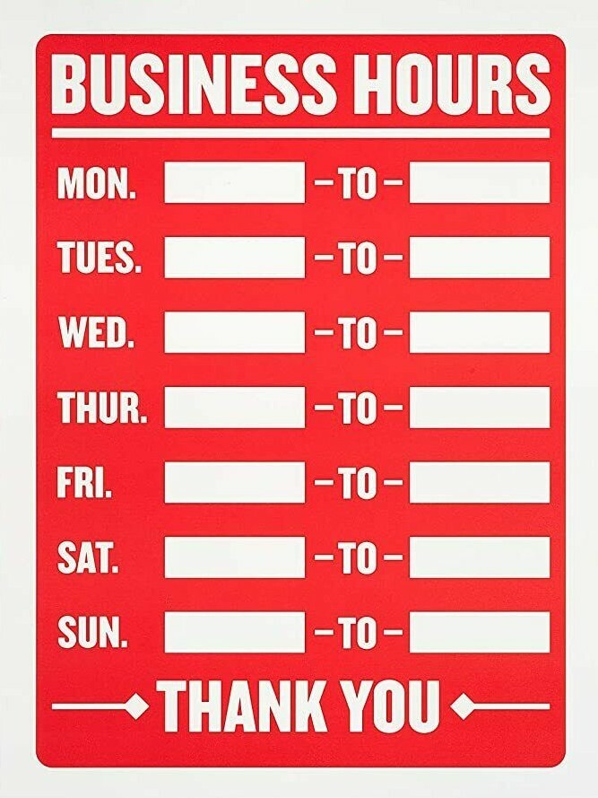 Business Hours Sign 8 x 12 Inch – 2 Count, White and Red