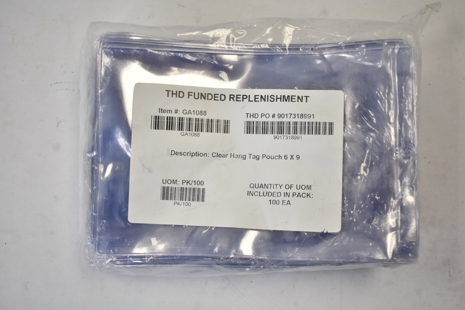 THD Funded Replenishment Clear Plastic Hang Tag Pouches 100 Pack 6&Prime; x 9&Prime; GA1088