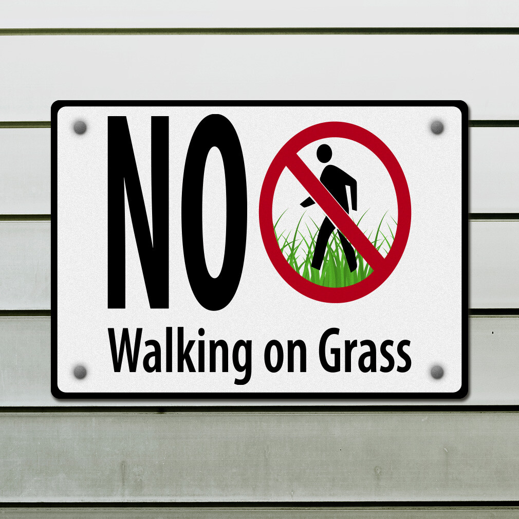 Horizontal Metal Sign No Walking on Grass Hazard Keep off White