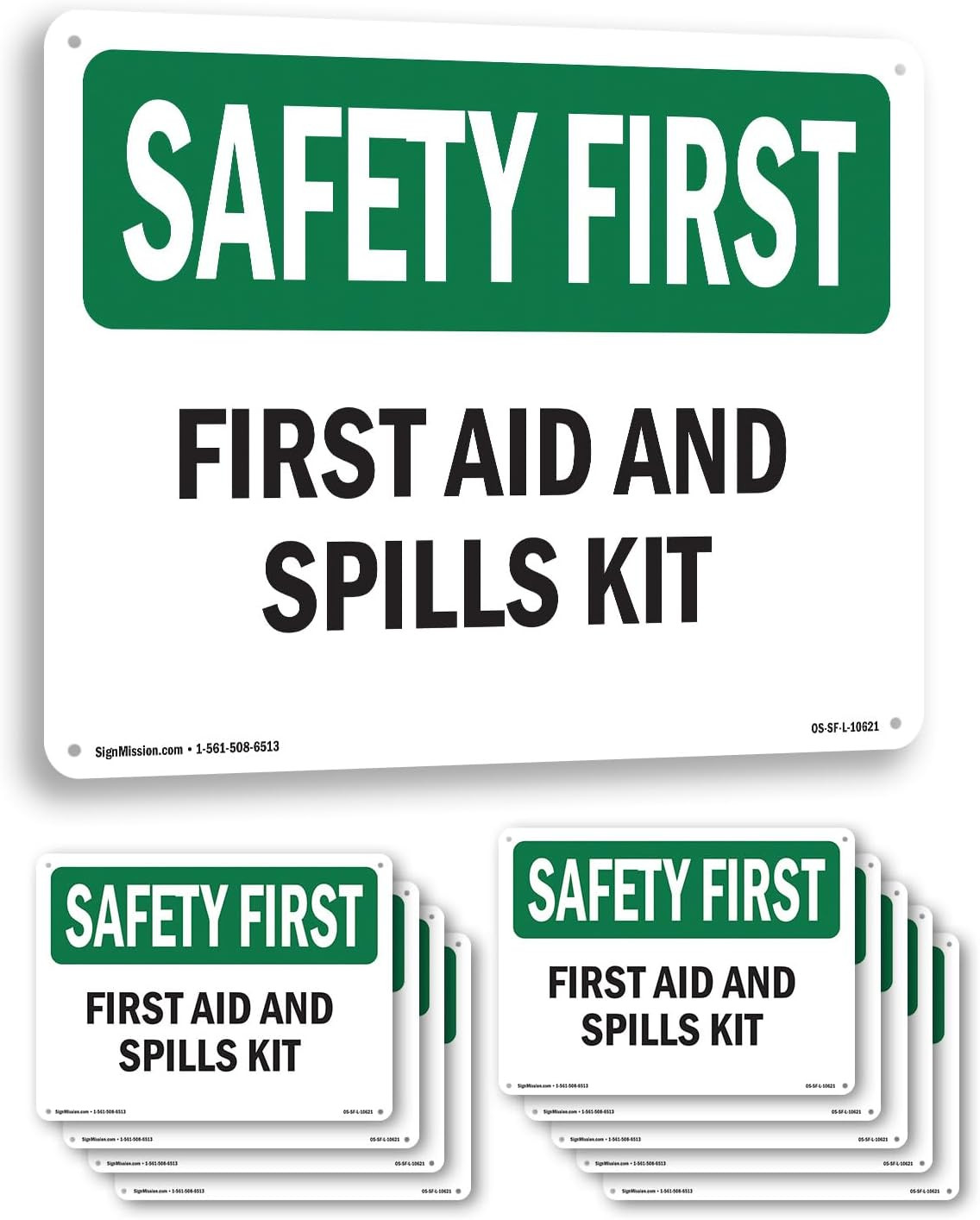 First Aid and Spills Kit OSHA SAFETY FIRST Rigid Plastic Sign 18 Inch X 12 Inch