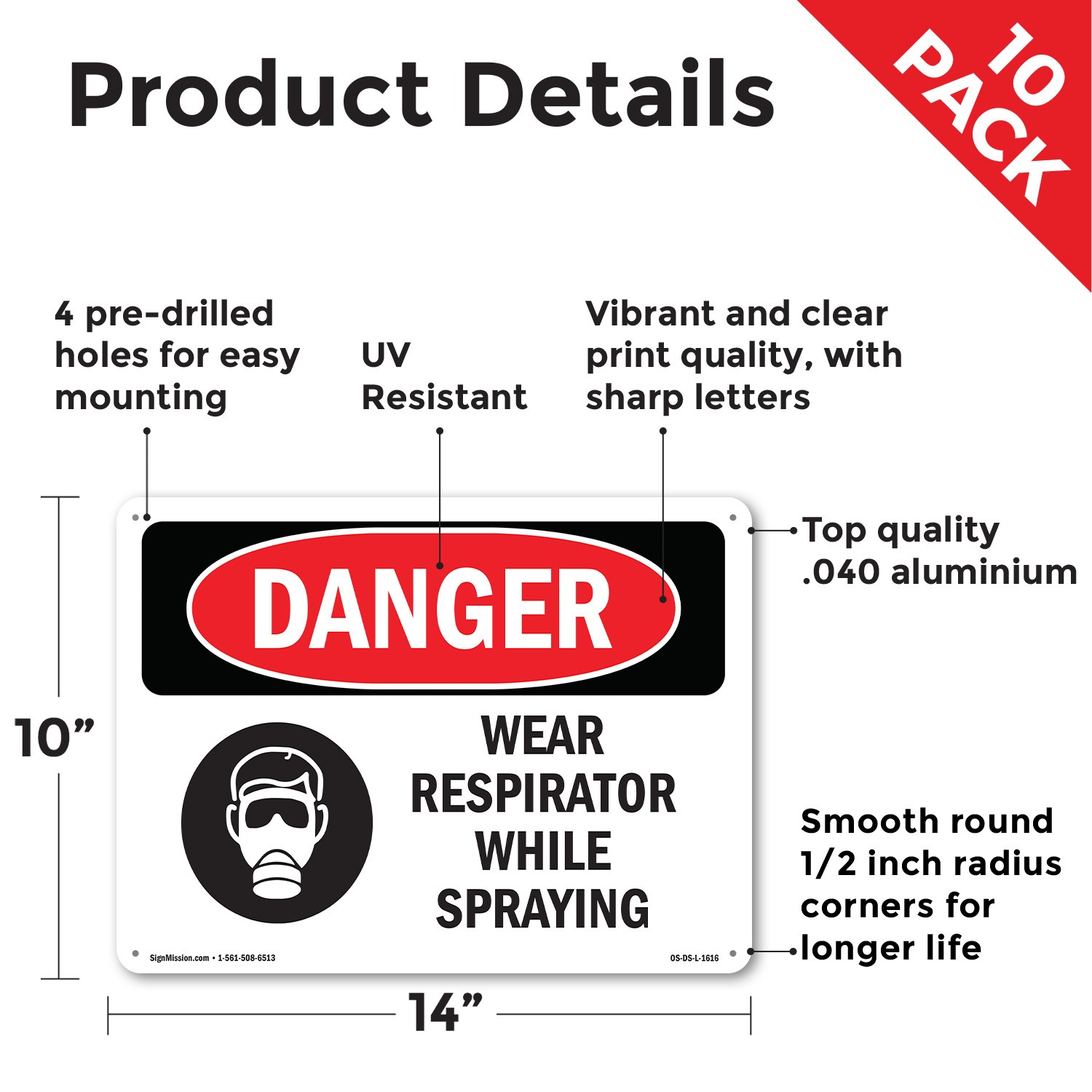 Wear Respirator While Spraying OSHA Danger Sign Metal,, Decal 5 or 10 Pack
