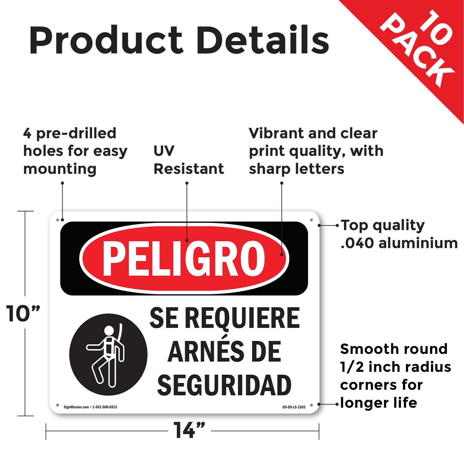 Safety Harness Required Spanish OSHA Danger Sign Metal,, Decal 5 or 10 Pack