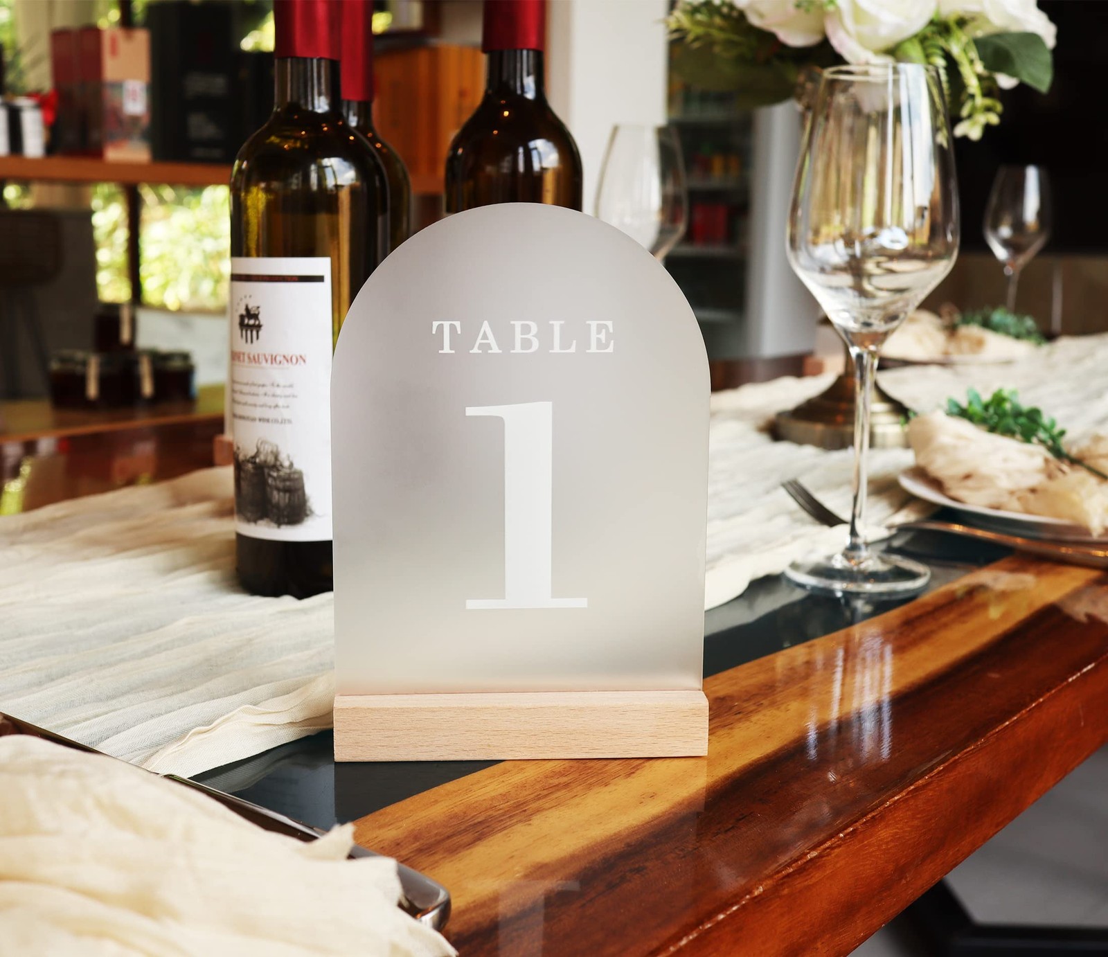 Wedding Table Numbers 1-15 Acrylic Arch Signs with Natural Wood Stands Holder…