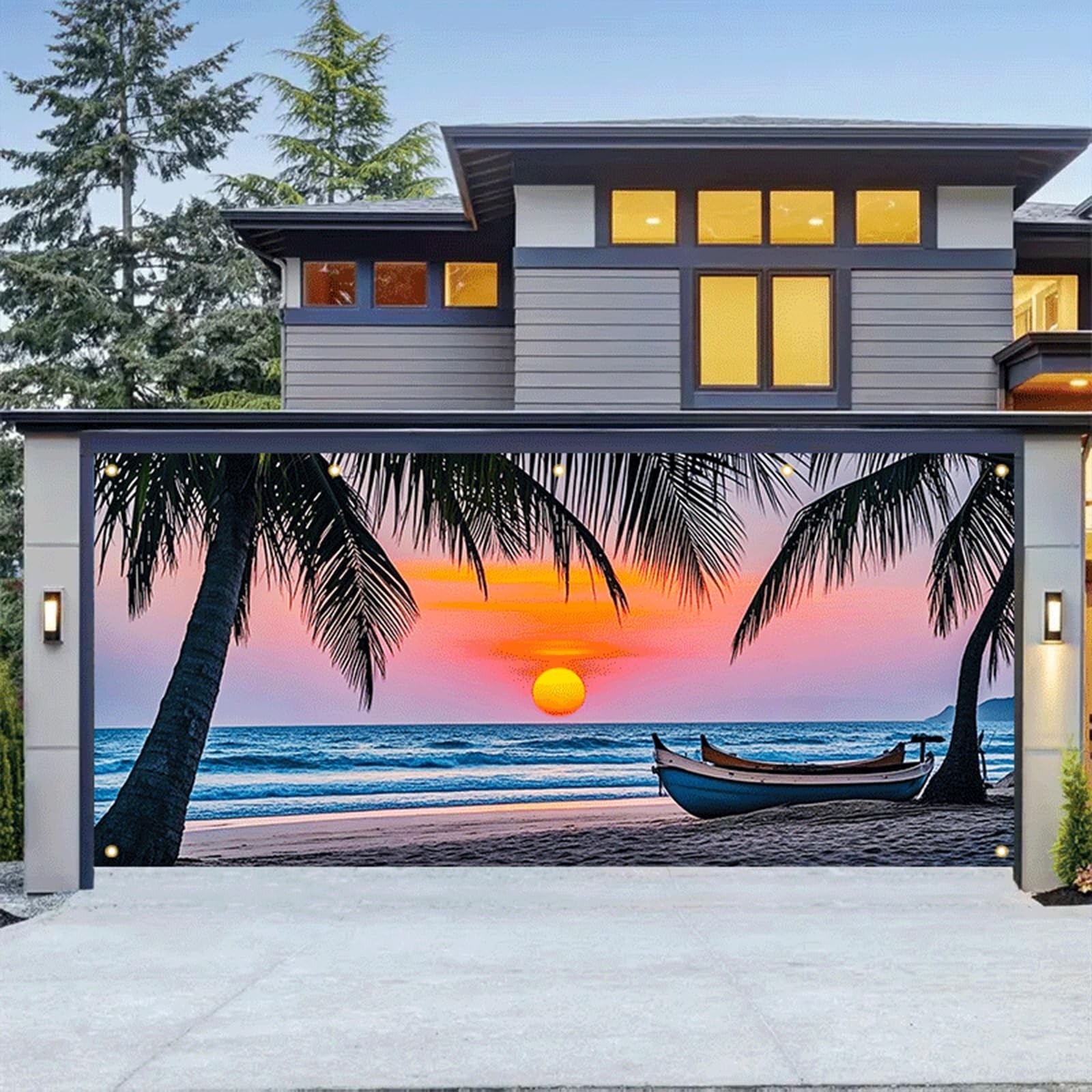 Beach Sunset Garage Door Banner 13x6ft Summer Tropical Palm Tree Ocean Backdr…
