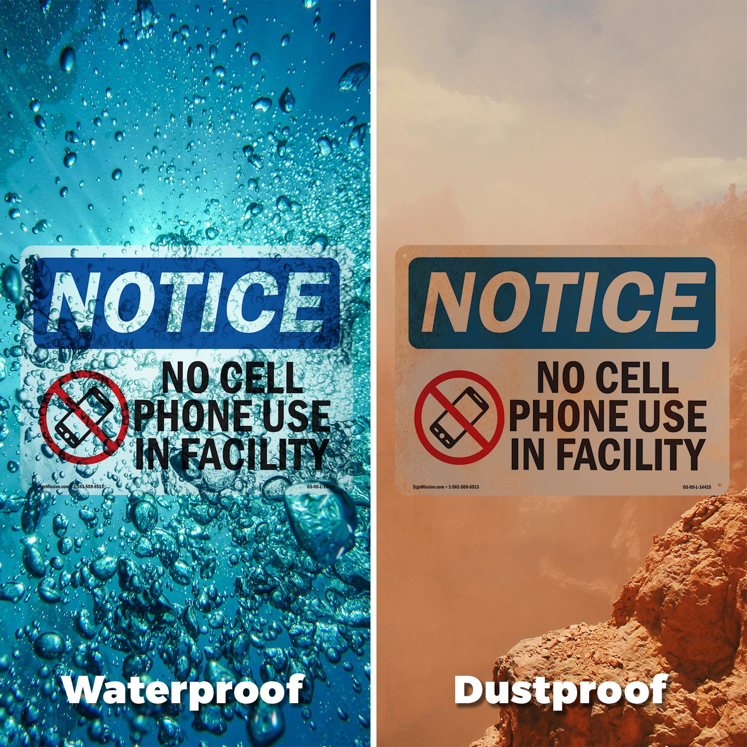 No Cell Phone Use In Facility OSHA Notice Sign Metal Plastic, Decal 5 or 10 Pack
