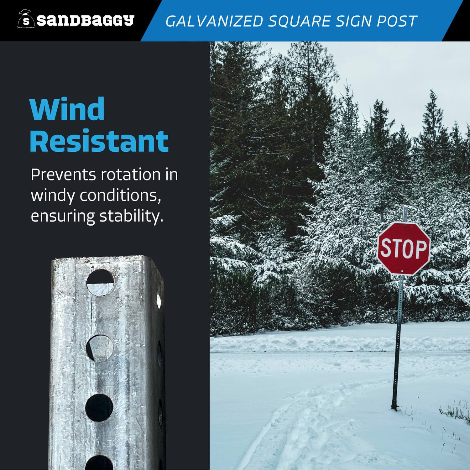 Sandbaggy 10 ft Galvanized Square Sign Post – 1-3/4&Prime; Wide – 7/16” Hole Diameter