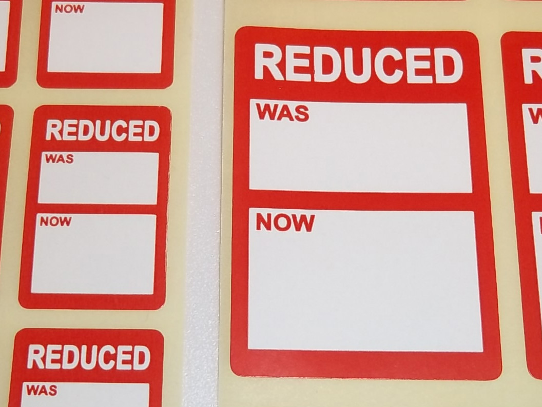 Bright Red SALE was now / REDUCED Price Point Stickers, Sticky Labels