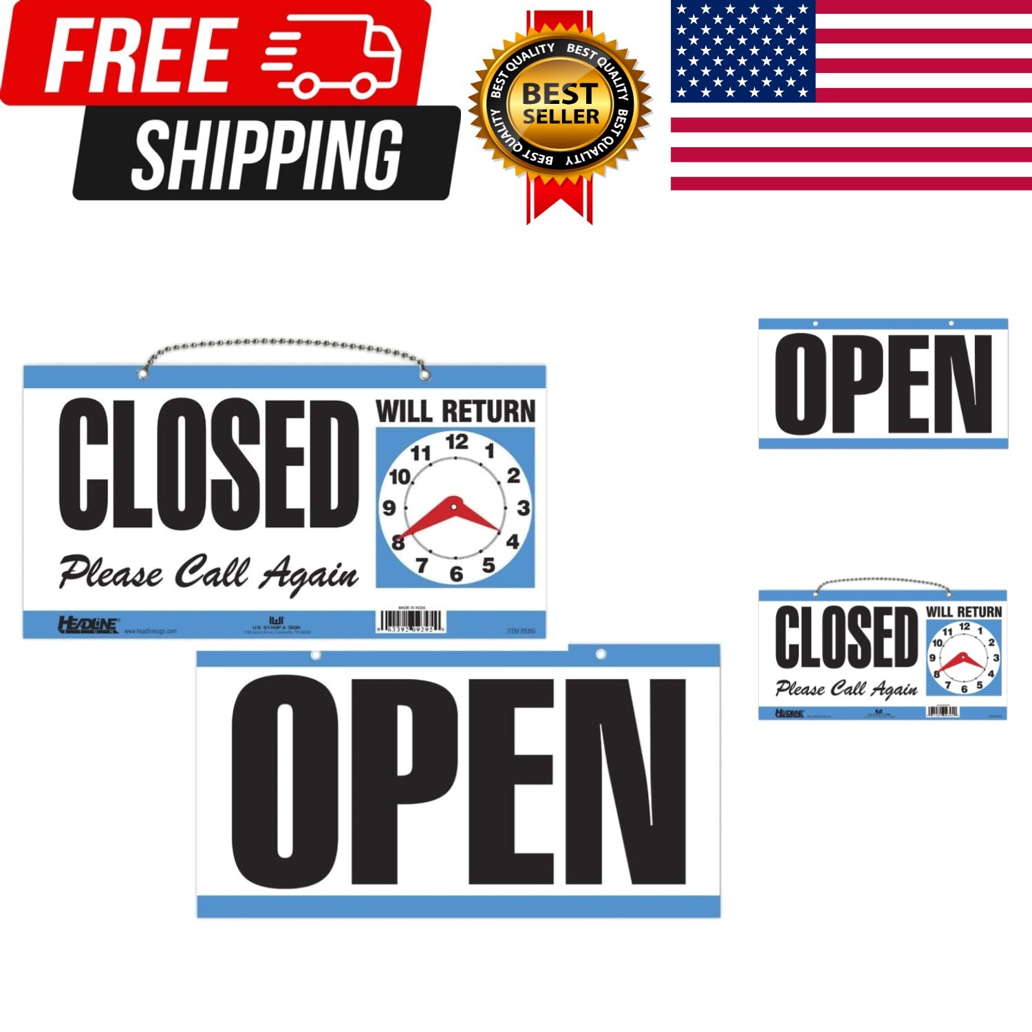 Sign Double-Sided Open/Closed/Will Return Sign with Clock Hands, 6&Prime; x 11.5&Prime;, …
