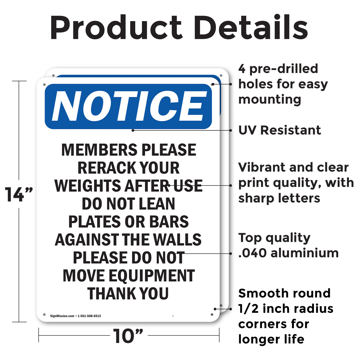 (2 Pack) Members Please Rerack Your Weights OSHA Notice Sign Decal Metal Plastic