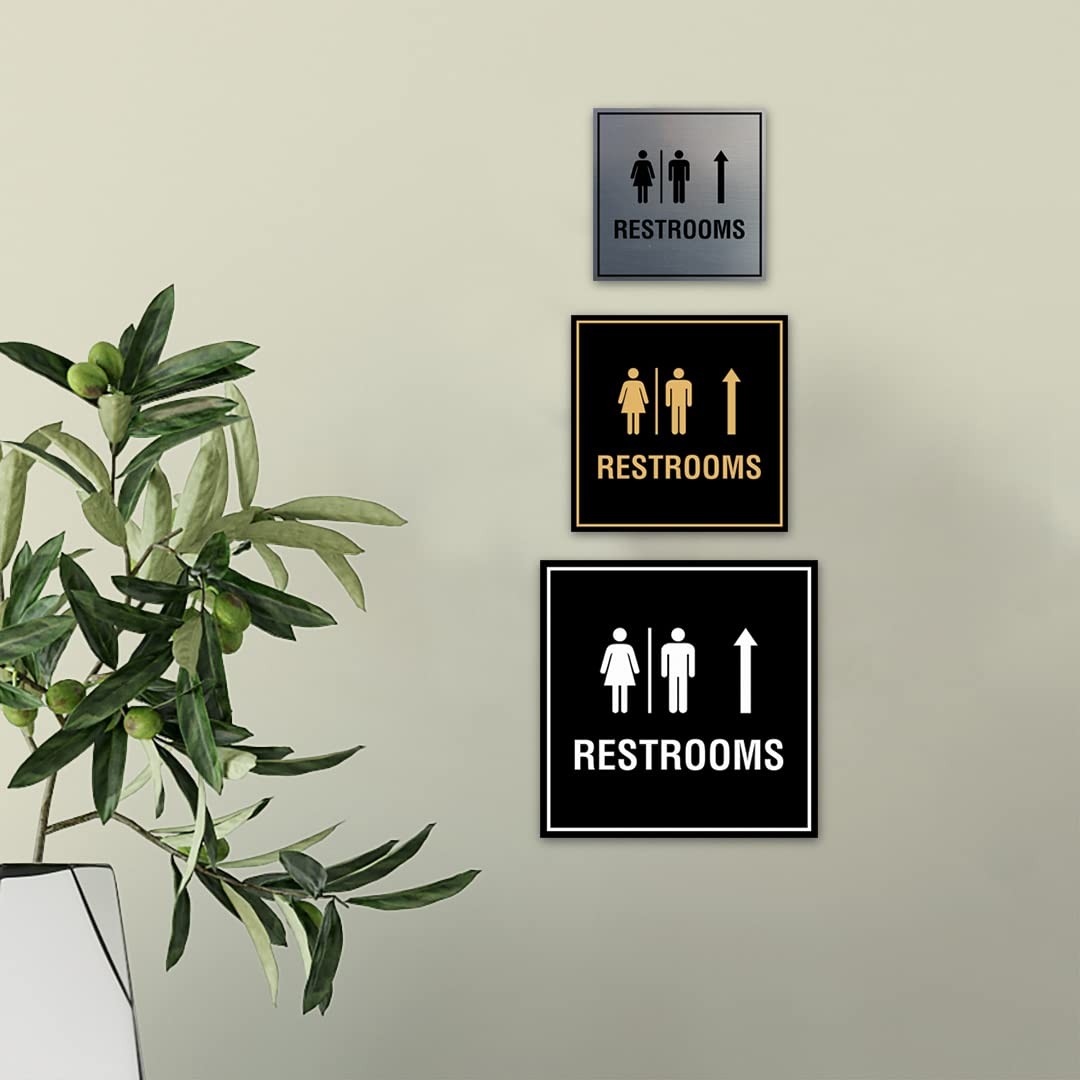 1 PC Square Restrooms Up Arrow Sign Black Large Wall Door Adhesive Mounting